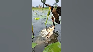 big fish attached to the hook, the birds chirp and bite the fish #fishingvideo #bassfishing #fishing