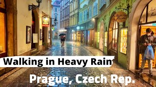 Walking in Heavy rain, Prague, Czech Republic  Rain Ambience 4K