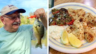 Bobbing for Red Pepper Parmesan Bluegill
I found a fish recipe online that gets 5 stars. It has an Italian influence. That’s enough to convince me. I picked up all the ingredients except the fish! So let’s try to catch some! Click SHOW MORE for info on the equipment, the fish, the lake, and the recipes.
- - - - INFO ON THE EQUIPMENT, FISH, LAKE, VIDEOGRAPHY, ETC. - - - - -
THE BOBBER: on the line are little red bobber stoppers with red plastic beads from Arnold Tackle, sold by Bass Pro Shops. http://www.basspro.com/shop/en/arnold-tackle-speed-stop-bobber-stop. The bobber is a 3¾ inch Rocket Bobber in slip bobber mode purchased from Walmart
HOW TO USE A SLIP BOBBER. Here is a video I made a few years ago on using a slip bobber: https://youtu.be/McekvQODG7s
THE HOOK is a 1/32 ounce lead jig head in red / white. The hook size is #4. It is probably from Bass Pro Shops.
THE ROD is over 20 years old. It is a Shimano Stimula, S150UL2B, Length 5’0” line weight recommended 1-4 lbs. Lure weight 1/16 to 3/16 ounce.
THE REEL is a Shimano 1000, recommended line weights of 2 to 6 pounds. It is over 20 years old and seems to be discontinued.
THE LINE is Sufix 832 braid in low-vis green, 10 pound test, 4 pound monofilament equivalent.
THE BOAT: is a Bass Hunter that I ordered from Bass Pro Shops about 13 years ago. They no longer sell it. A subscriber informed me that he found the boat sold here: https://www.sportsmansguide.com/product/index/bass-hunter-ex-boat?a=670576. It looks very similar to my model.
THE MOTOR: A Minn Kota, Endura 55. It has a short shaft for small boats, and has 55 LBS of thrust. It runs on a single 12v, deep cycle battery. This exact model has been discontinued.
THE LAKE: is called Lake Ketchabigwon (named by native Americans 😜). It is almost 6 acres and is located in NE Ohio. It sits on 37 acres of property. The lake is private.
FISH IN THE LAKE: largemouth bass, bluegill, white crappie, black crappie, yellow perch, channel catfish, and grass carp
LARGEST FISH CAUGHT: was a grass carp I hooked and managed to beach. It weighed over 30 pounds. Next was a channel cat (accidentally caught while bass fishing) of 10 pounds. The largest crappie was 14¾ inches and weighed 2 LBS and 1 oz. I did not measure the largest bluegill, but it had to be at least 10 inches. Finally, my largest bass was 6¾ pounds caught here at Lake Ketchabigwon.
WHERE TO GET A CAP LIKE MINE: You can get a “Juanelo Bait & Tackle” baseball cap here, https://www.inkpixi.com/by-clothing-type/baseball-hats. In fact, you could put your own name on it!
VIDEOGRAPHY: The principal camera is my iPhone 6s Plus on a tripod. I also use an iPhone 5s as a close-up, counter-top camera when cooking. It is mounted on a small tripod. I use a Rhode microphone indoors to help lessen the echo. The video is edited on my MacBook Pro using Final Cut Pro X.
LEARN HOW TO FILLET A FISH HERE: https://youtu.be/KgiGqlrB0LM
BACKGROUND MUSIC: is purchased from audiblock.com. It is called “High Clover.”
- - - - - - - - - RECIPES - - - - - - - - - -
PARMESAN ROASTED CHERRY TOMATOES
Recipe from: https://www.lowcarbmaven.com/parmesan-roasted-cherry-tomatoes/
INGREDIENTS
1 pound campari or large cherry tomatoes
1 clove garlic, minced
½ cup parsley, chopped fine
½ cup grated pecorino Romano or parmesan cheese
DIRECTIONS
Cut the tomatoes in half, pole to pole, and place them on a small parchment (or non-stick foil) lined sheet pan.
Mince the garlic. Finely chop the parsley. Mix the garlic, parsley and grated cheese together and spoon onto each tomato half.
Move the oven rack to the upper most position and turn on the broiler. Place the tomatoes under the broiler and broil until the topping is browned and bubbly about 5 minutes.
RED PEPPER PARMESAN BLUEGILL
Recipe inspired by this: https://www.tasteofhome.com/recipes/red-pepper parmesan-tilapia/print
INGREDIENTS
1 large egg
12 oz. of heavy cream (or evaporated milk)
1 cup grated Parmesan cheese
2 teaspoons Italian seasoning
1 teaspoon crushed red pepper flakes
1 teaspoon ground black pepper
1 to 1½ LBS of bluegill fillets (or other mild white fish)
DIRECTIONS
1. in a bowl, scramble egg, add cream and mix well. Add the fish fillets to bowl and submerge them. In a gallon plastic bag, combine the parmesan cheese, Italian seasoning, pepper flakes and pepper.
2. Drain the fish fillets in a colander and add them to the plastic bag with parmesan mixture. Seal the bag completely, but make sure there is some air in the bag. Shake the bag to apply the parmesan mixture. You could also dredge the fillets in the grated cheese mix if you wish.
3. Lay the fillets on a rack coated with cooking spray over a baking sheet. Bake at 425° for 10 minutes. Turn on the broiler and brown the fish another 1 to 2 minutes, or until fish flakes easily with a fork. Bobbing for Red Pepper Parmesan Bluegill