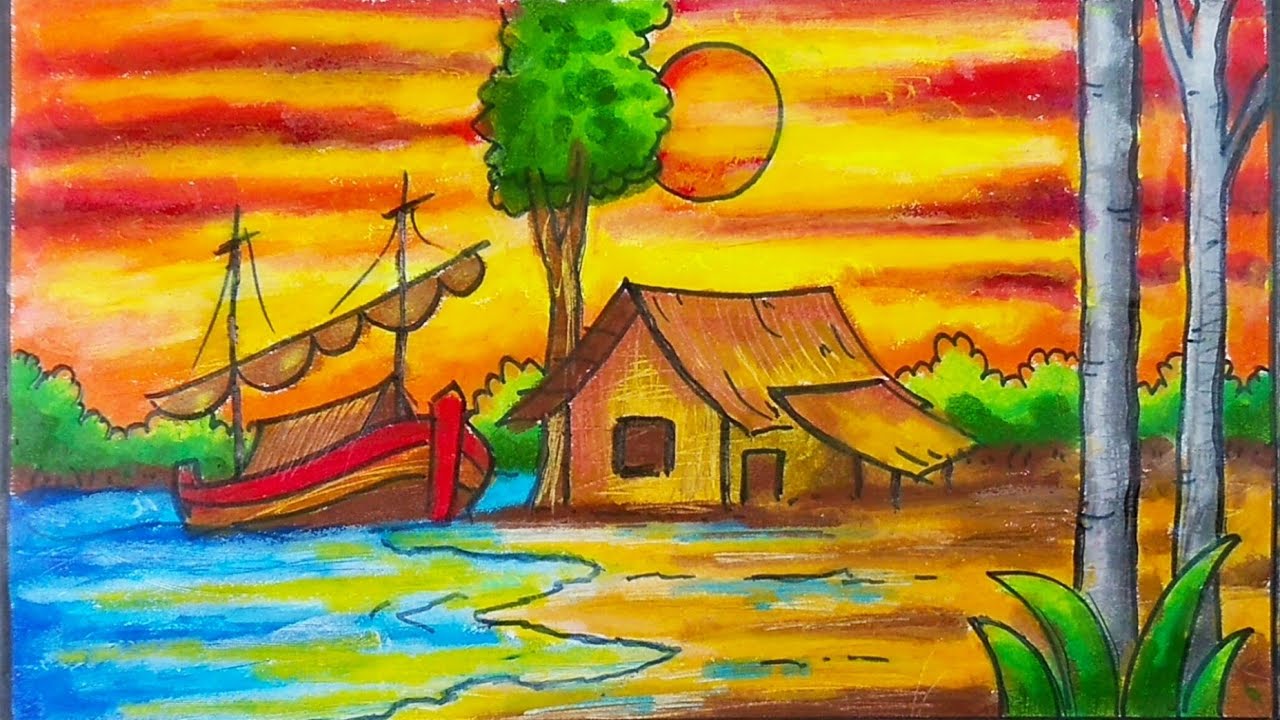 Menggambar pemandangan tepi pantai || Menggambar perahu di pantai