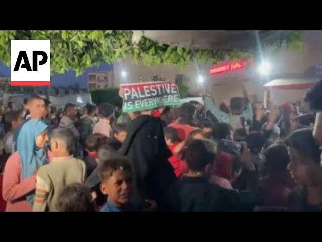 Celebrations outside Al Aqsa Hospital in Deir al-Balah after Hamas accepts cease-fire proposal