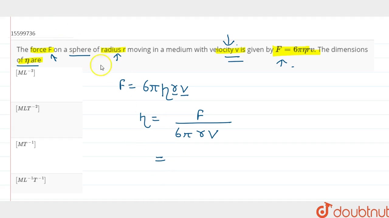 The force F on a sphere of radius r moving in a medium with velocity v ...