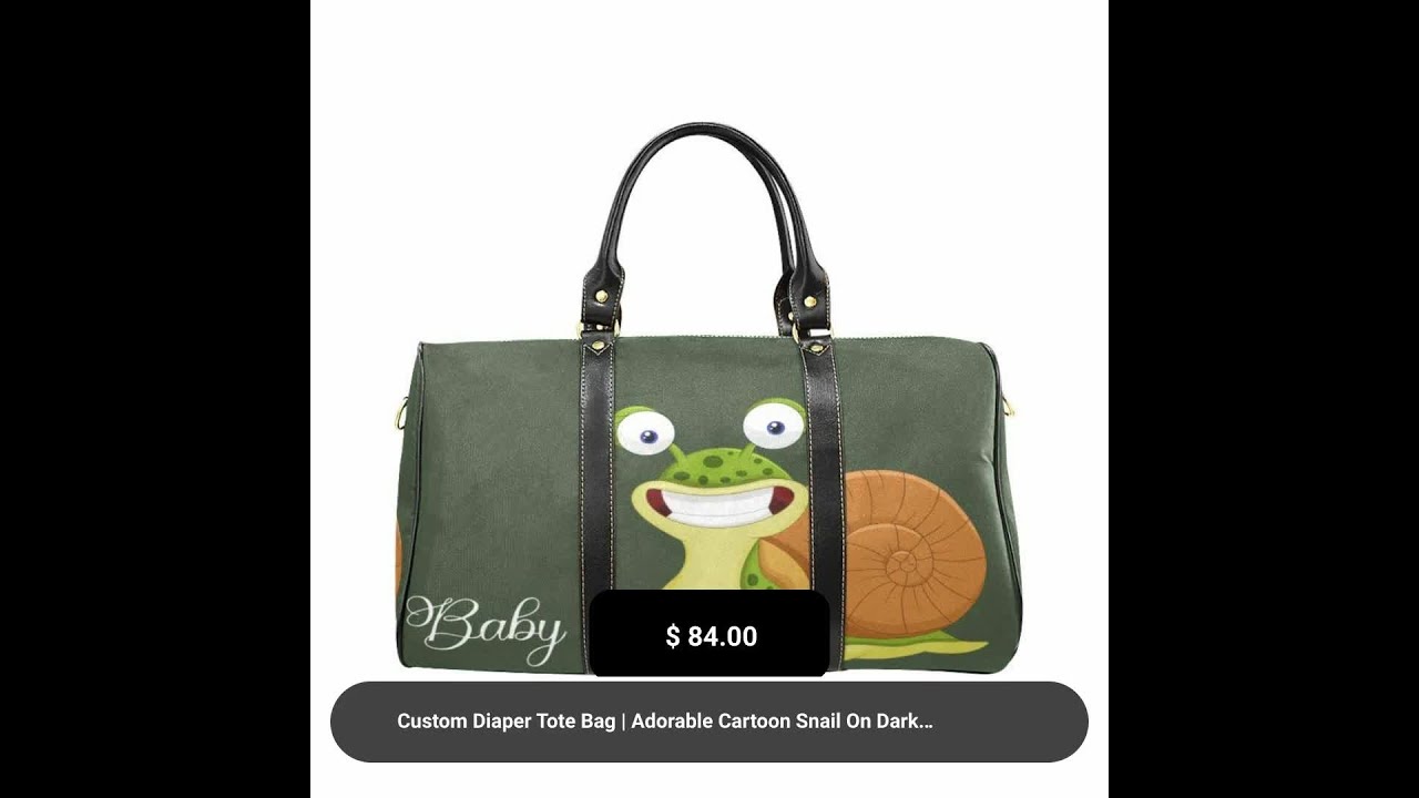 Custom Diaper Tote Bag | Adorable Cartoon Snail On Dark Green - Diaper Travel Tote Bag