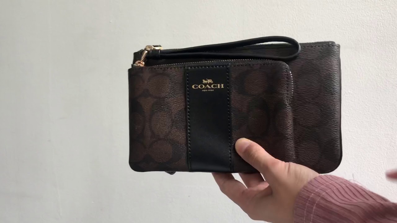 COACH SLG REVIEW 2022  Coach Corner Zip Wristlet in Signature Canvas Gold/ Brown Black F58035 