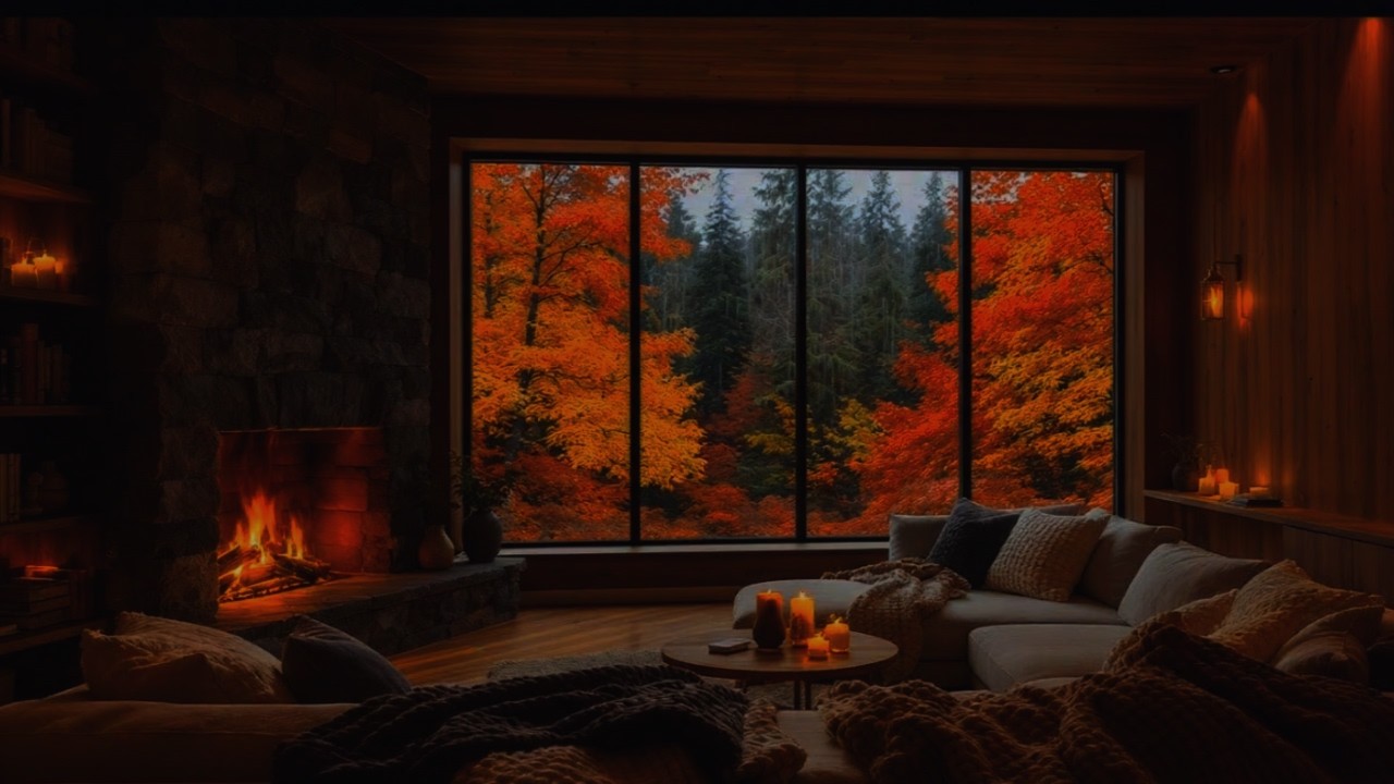 🍂 Autumn Fireplace Ambience with Relaxing Music | Cozy Cabin in Fall Forest