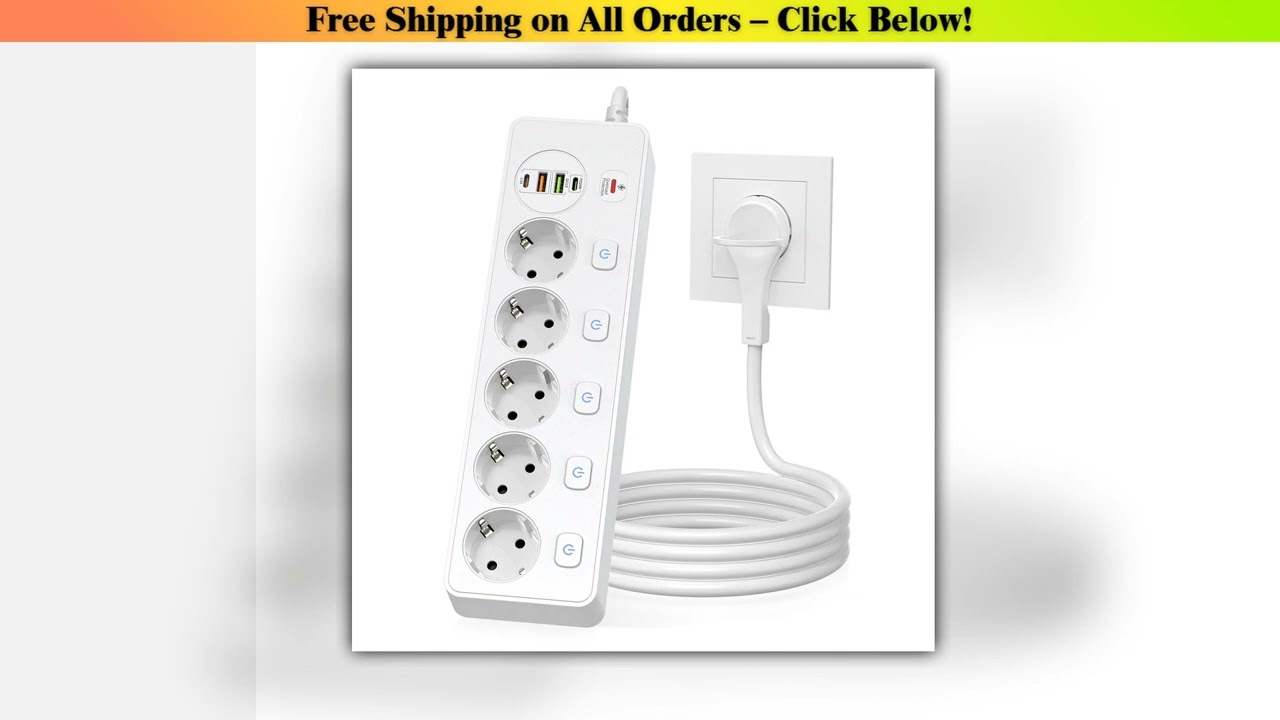 European plug Smart Power Strip with Multi USB Port Type-C, Independent Control Socket 2 meters