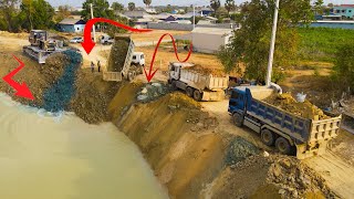 Incredible Big Machinery Equipment Dumping truck & Old Generation Bulldozer In Road Reside On Canal