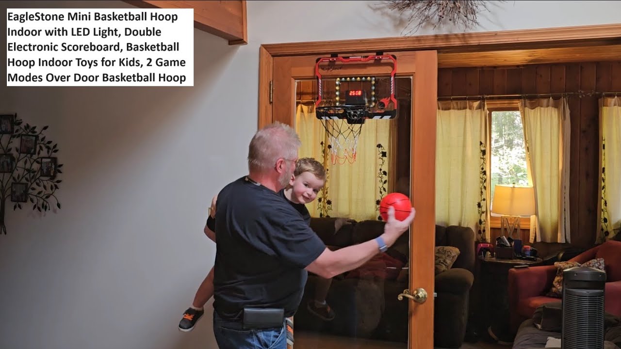EagleStone Mini Basketball Hoop Indoor with LED Light, Double Electronic Scoreboard, 4 Balls