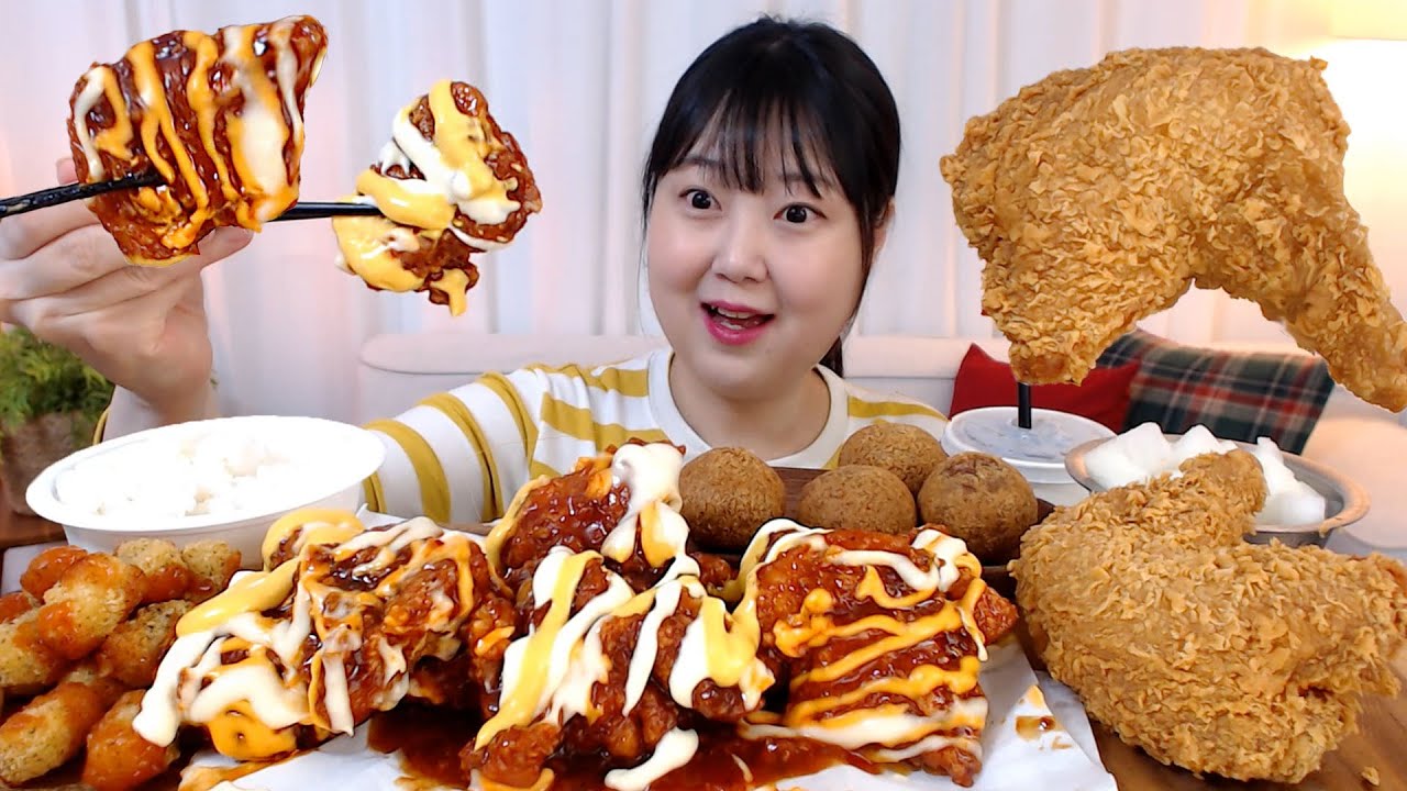 핫치즈 빅싸이순살치킨 후라이드통다리 바삭크림치즈볼 고구마치즈볼 먹방 Hot Cheese Yangnyeom Chicken Cheese balls Koreanfood Mukbang