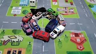 Playing with car pad, pretend play with car, racing car, police car, city car, round around the city