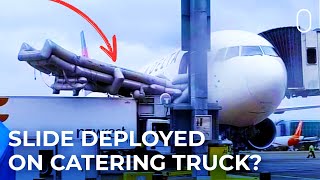 Delta Air Lines Boeing 767 Slide Blown On Top Of Catering Truck At London Gatwick