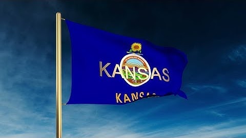 4K kansas flag slider style with title. Waving in the wind with cloud background animation Stock