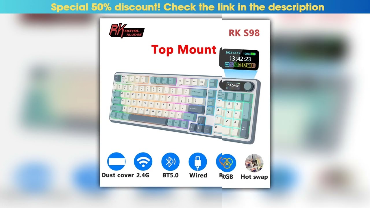 RK ROYAL KLUDGE S98 Mechanical Keyboard Top Mount TFT Screen 98 Keys RGB BT5024GUSBC Wireless