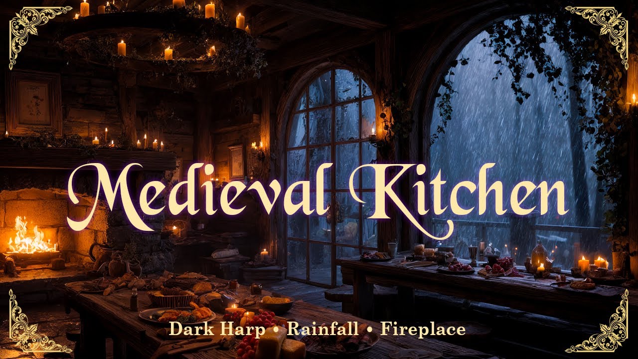 Medieval Kitchen Ambience | Dark Harp, Rain & Fireplace Sounds