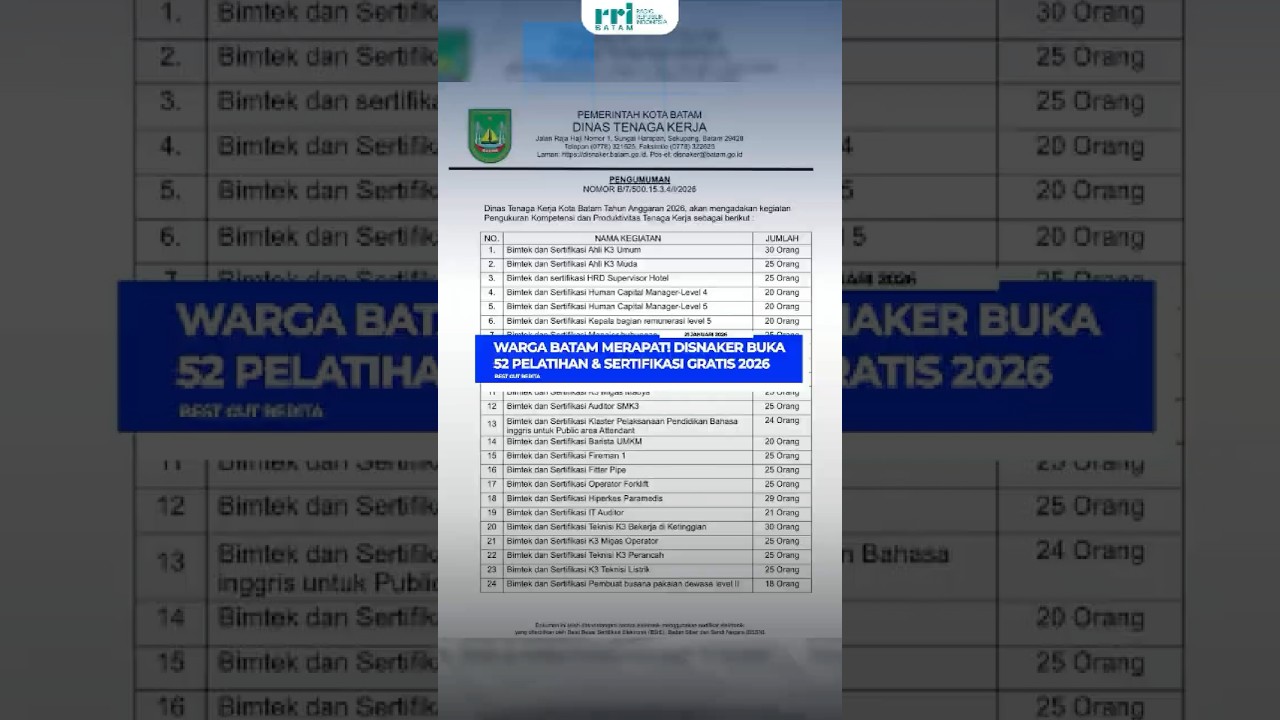 Warga Batam Merapat! Disnaker Buka 52 Pelatihan & Sertifikasi Gratis 2026 