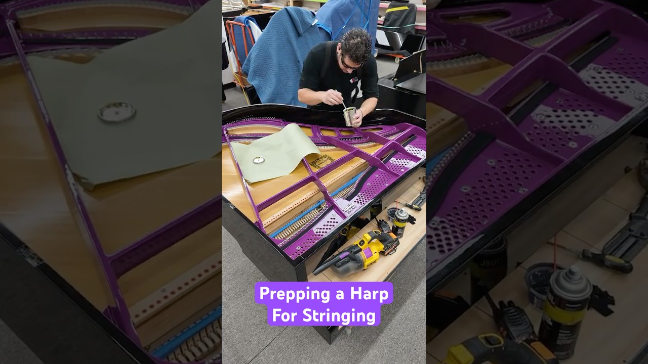 Custom Purple Yamaha Piano - prepping harp for stringing