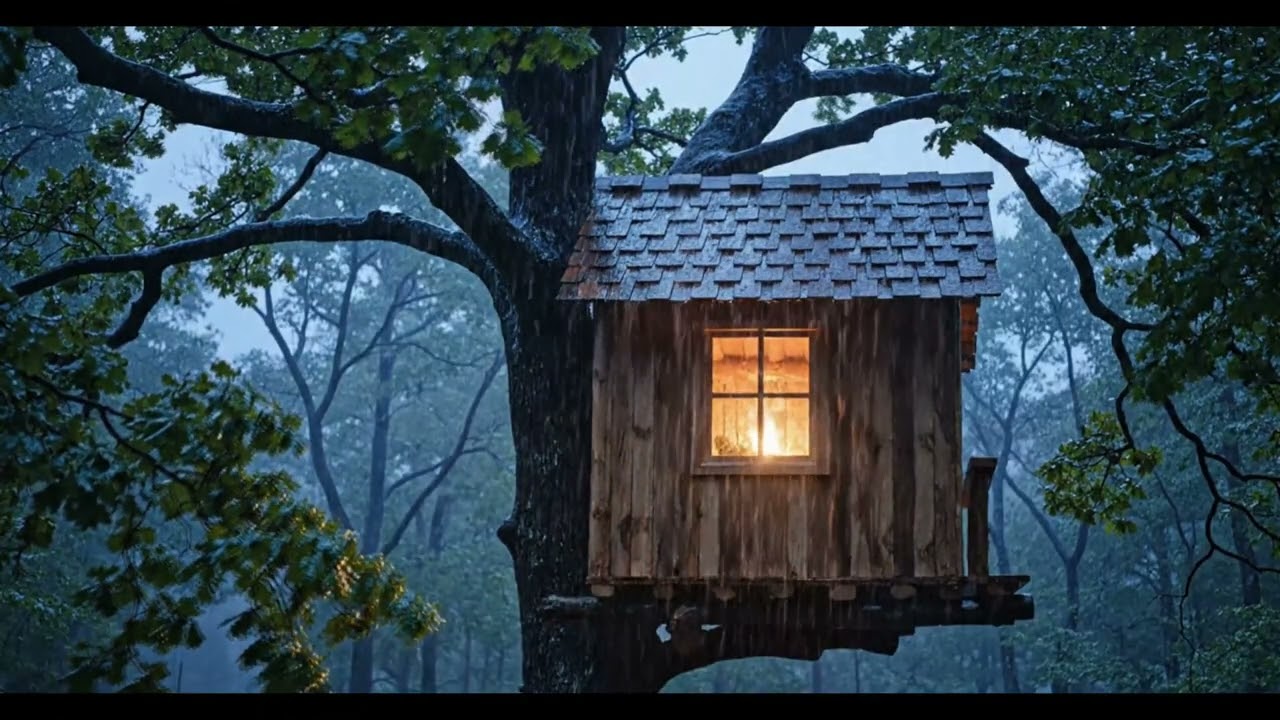 Cozy Rainy Treehouse Cabin Ambience at Night with Gentle Rain for Deep Sleep