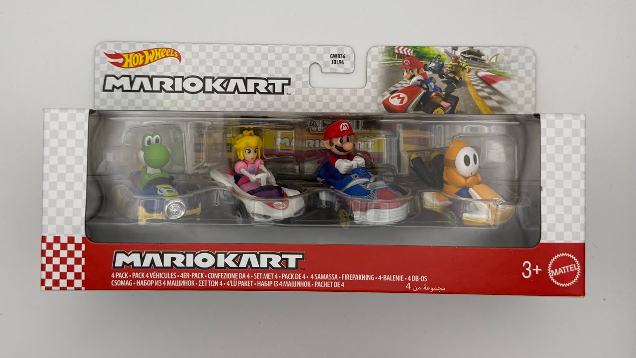 HOT WHEELS MARIO KART 4er PACK MIT YOSHI, PEACH, SNEAKER MARIO & GELBER SHY GUY