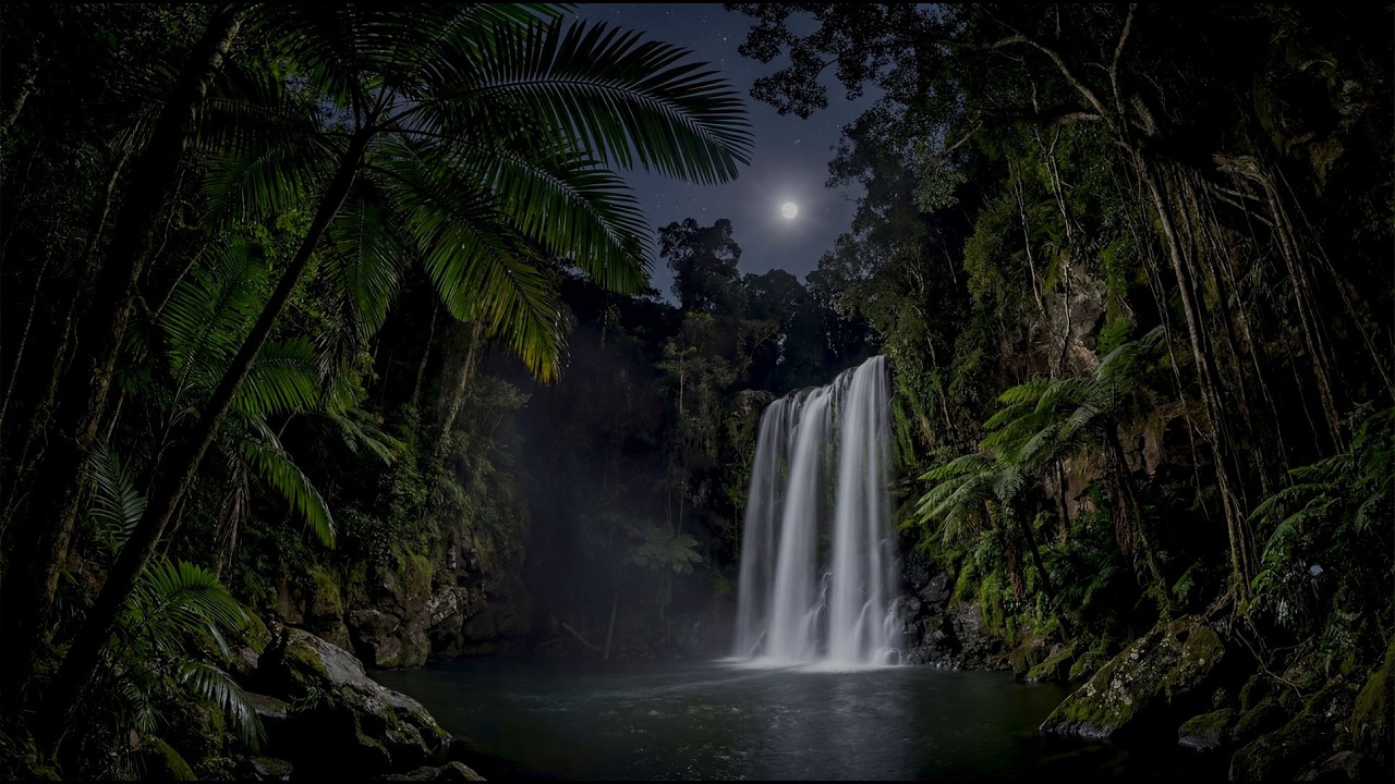 White Noise Waterfalls for Sleeping (12 hrs, No Ads) | Majestic Moonlit Waterfalls