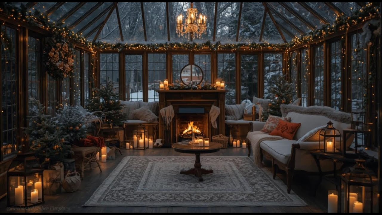 Winter Christmas Fireplace Ambience & Snowstorm Outside | Cozy Winter Evening