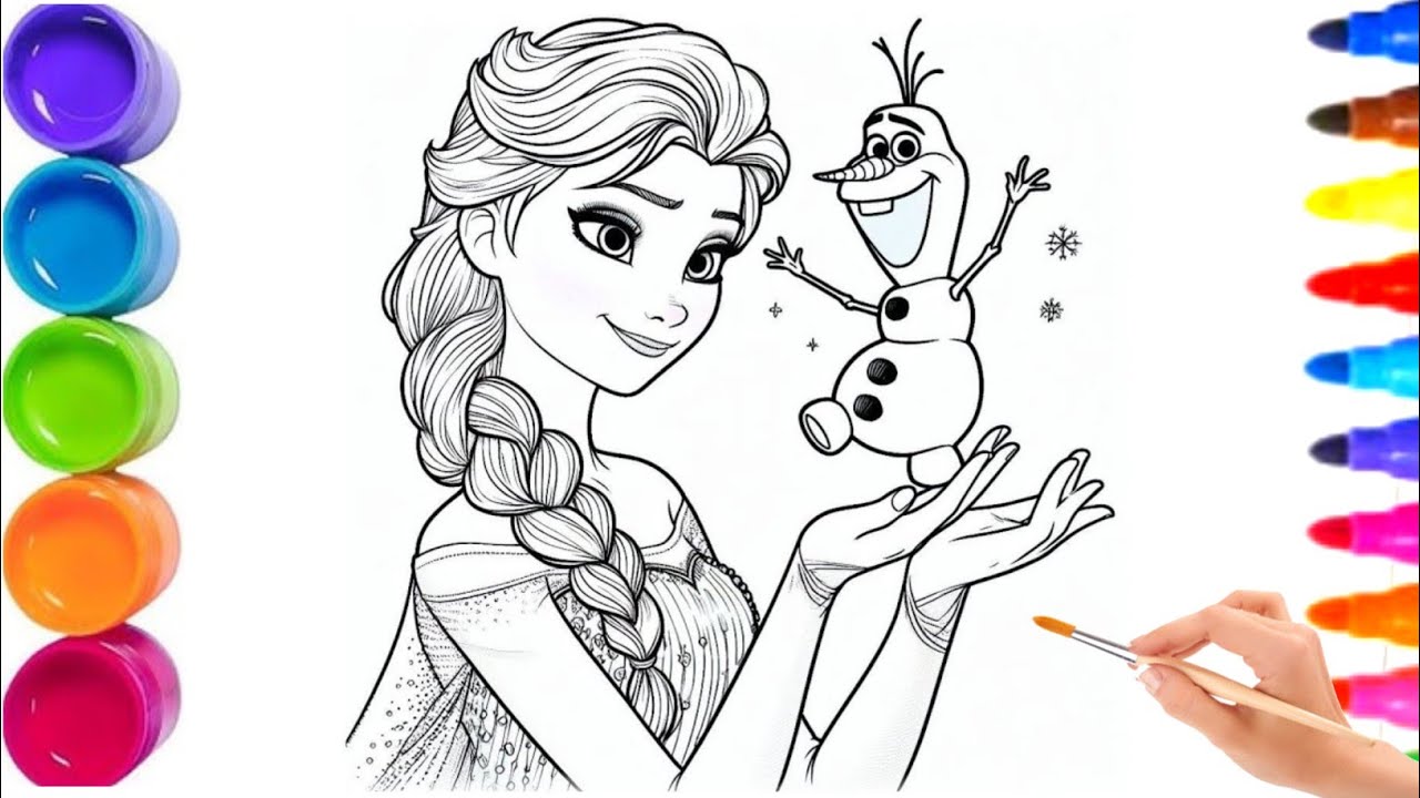 Princess Elsa with Olaf on hand drawing for kids 🌈🍄Step by step drawing and painting for kids 🎉💐