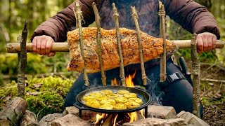 Trout Fillet & Cheesy Potatoes on Primitive Branch Grill | Forest Cooking