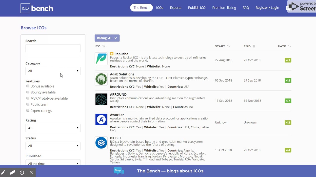 ICOs and ratings | ICO bench | Update on 24/08/2018 - YouTube