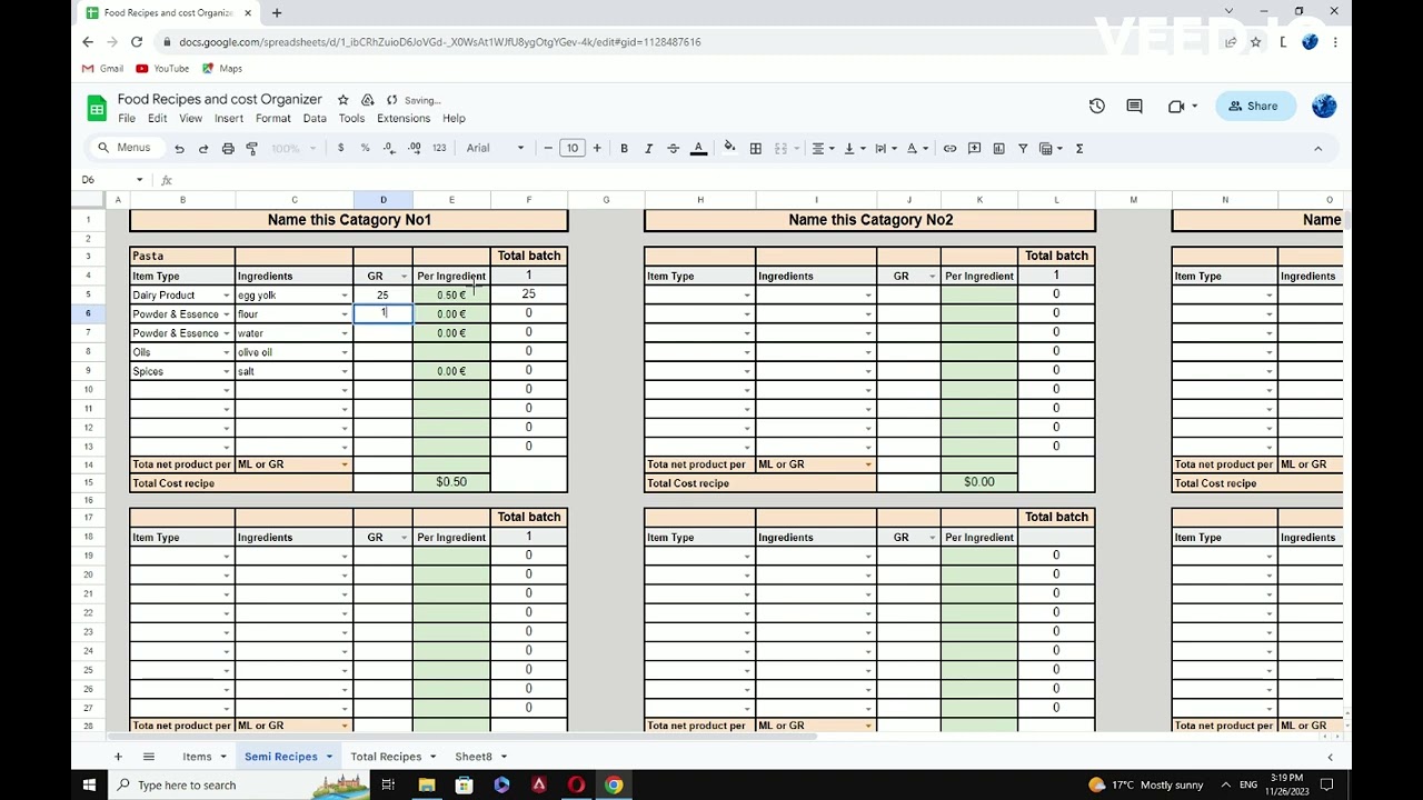Food Cost and recipes. Google sheets.