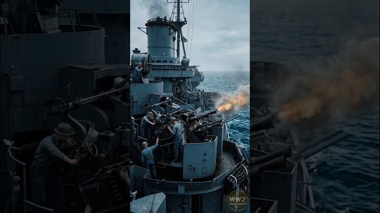 Eight-barrelled 2-pounder Pom-Pom firing aboard battleship HMS Howe in colorized 4K