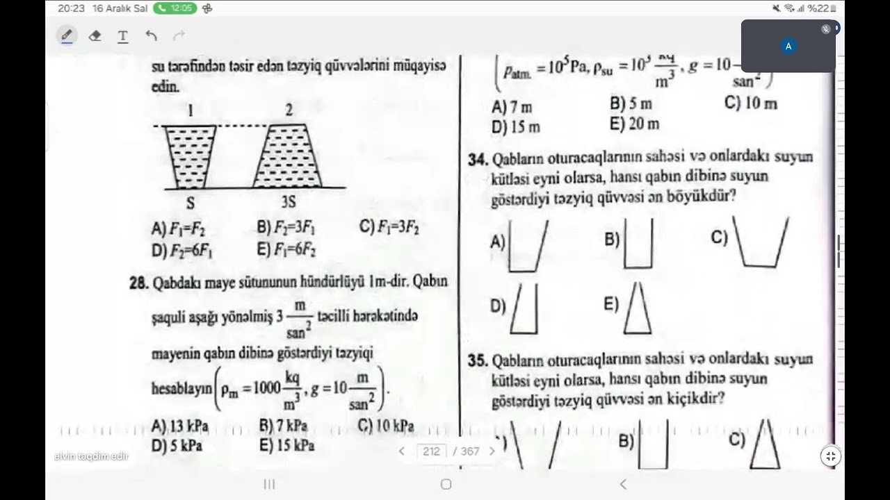 Təzyiq və təzyiq qüvvəsi sualların izahı
