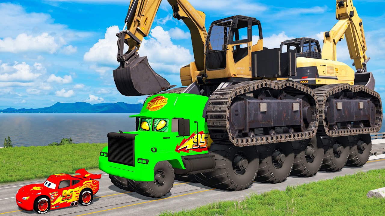Giant CRUSHER DOZER Mack Truck Eater VS Cars Lightning McQueen Escape Monster Beamng Drive #12