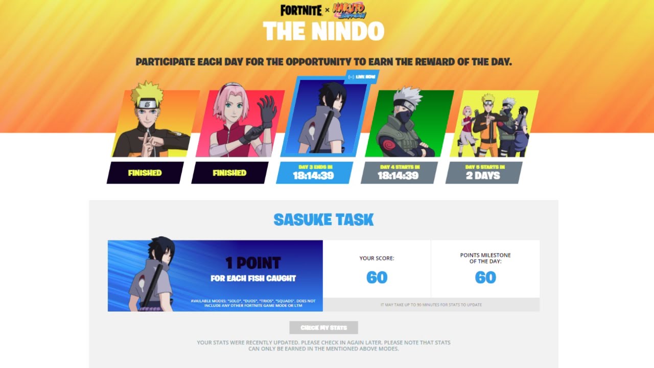 Fortnite Sasuke Task The Nindo Challenge Day 3 (Catch 60 Fish) - Naruto  Free Rewards 