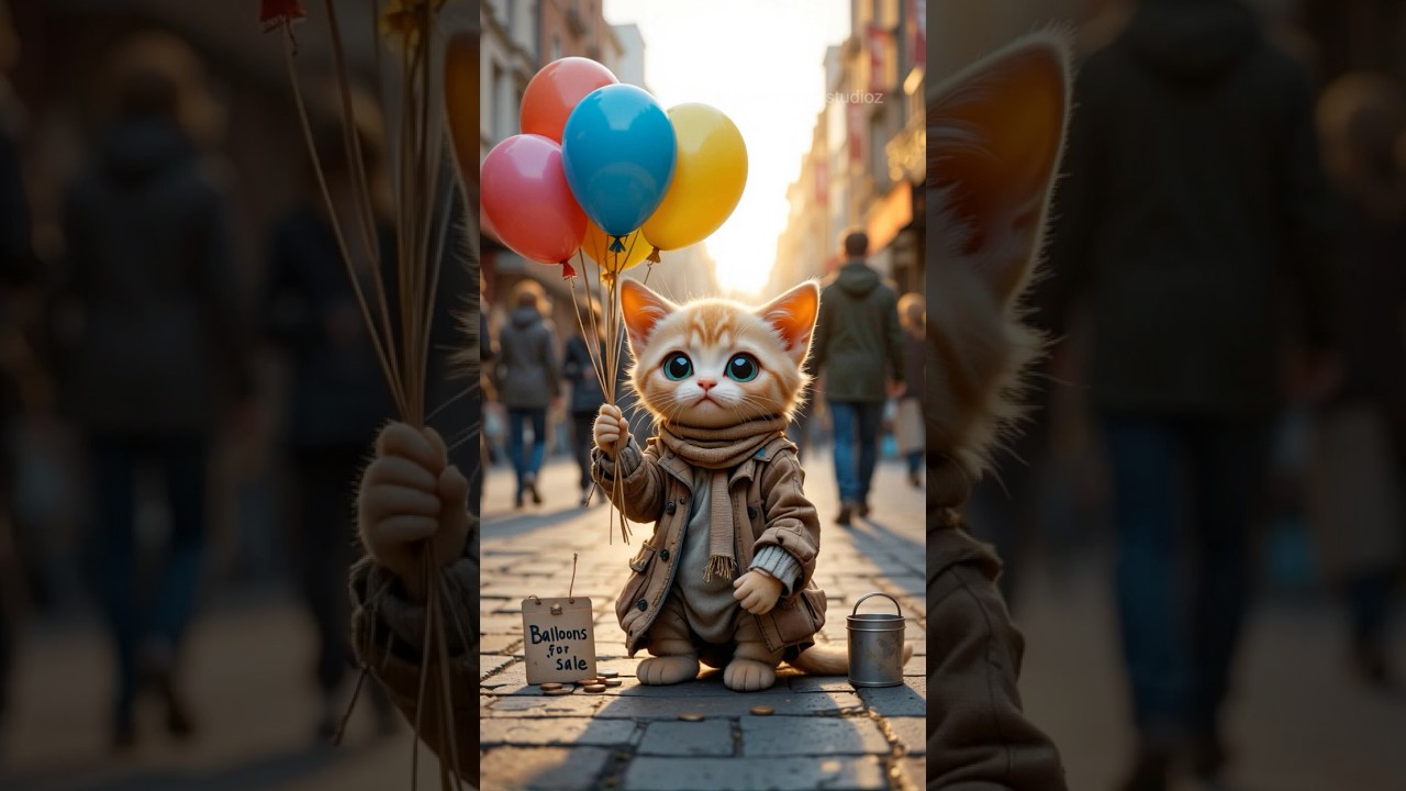 poor cat selling balloons to earn money 