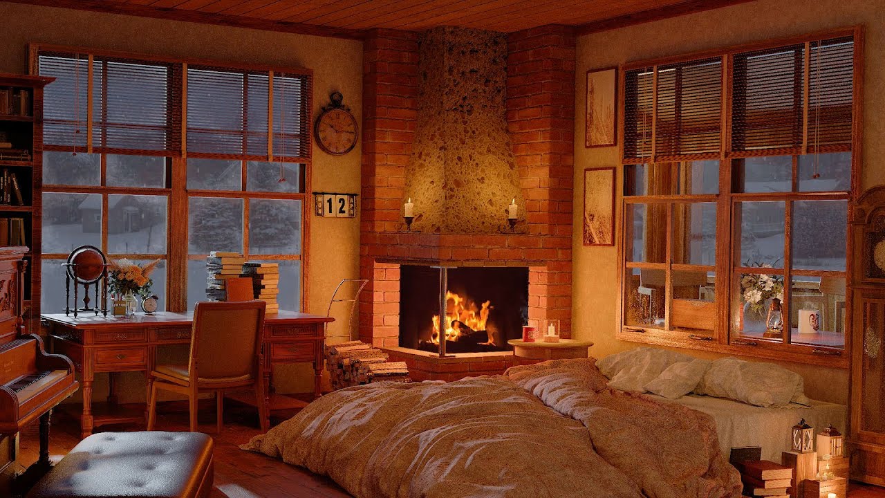 Cozy Room in Winter Ambience with Fireplace, Snowstorm & Wind Sounds ...