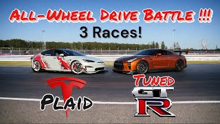 Highly Tuned GTR Drag Races Tesla Plaid  3 Races!