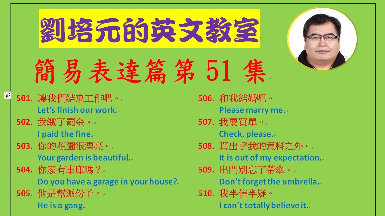 英文簡易會話篇 第51集 我繳了罰金 他幫派份子 我要買單 出乎我意料之外 她半信半疑 出門別忘了帶傘 你家有車庫嗎等句子 要如何用簡單的英文表達 Youtube