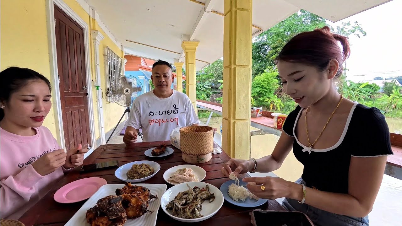 Eating home cooked Lao breakfast with friends. Delicious food made by personal chef