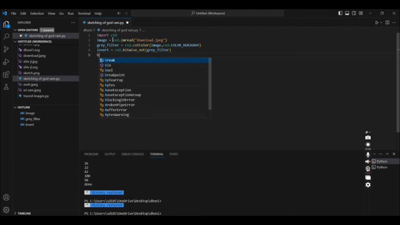 Sketch Image with python Shree Ram 🏹🏹🏹 🥰 || Code Breakers - YouTube