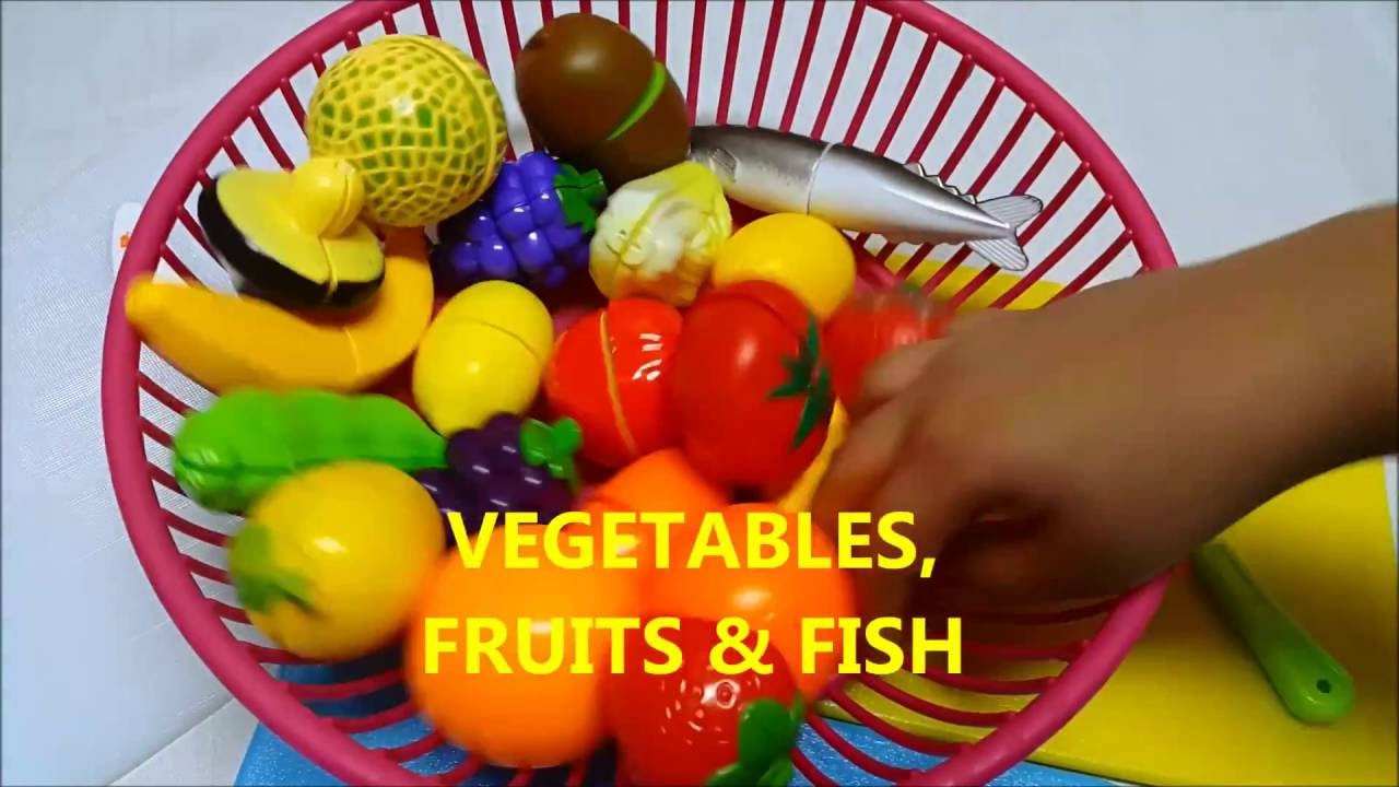 TOY CUTTING VELCRO FRUITS VEGETABLES and FISH FUN CHEF SEBASTIAN LEARNING COLORS