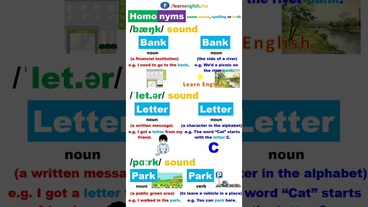 Homonyms with meanings, pictures and examples