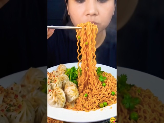 Mukbang ASMR Spicy momos and Korean noodles eating challenge #mukbang #asmr #noodles #😋😋🍗#food