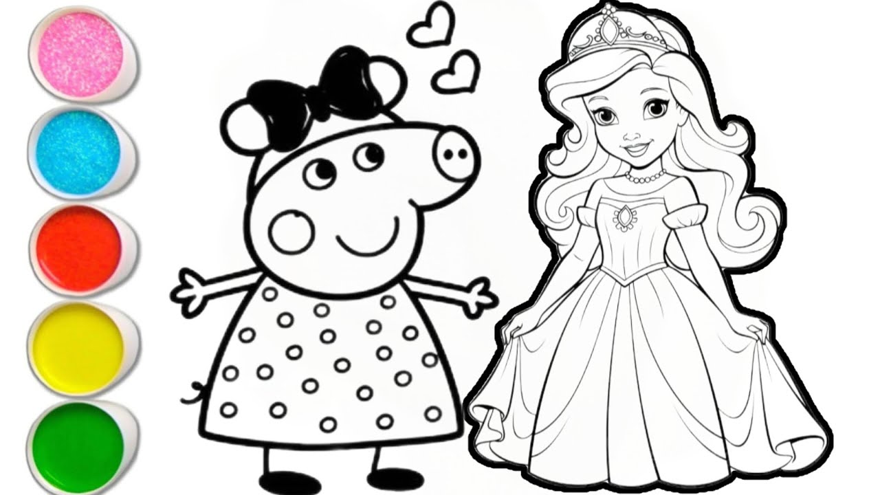 Drawing Princess Papi Peppa pig with princess drawing and coloring for kids and toddlers ...
