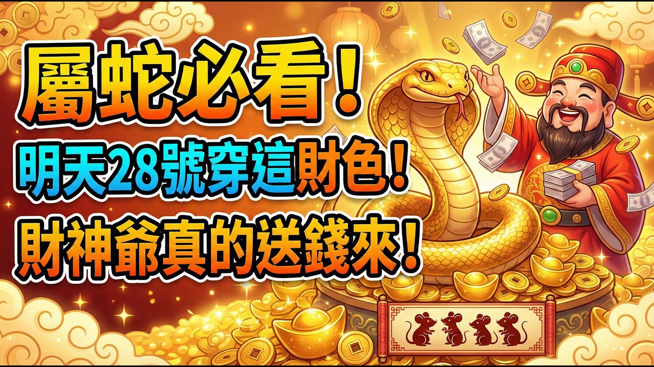 【屬蛇必看】明天28號正月十二「老鼠娶親日」，你一定要穿「這財色」！財神為你送錢來！#2026生肖蛇運勢 #屬蛇2026運勢 #丙午馬年 #開運顏色 #正月十二 #老鼠娶親日 #旺運顏色 #招財顏色