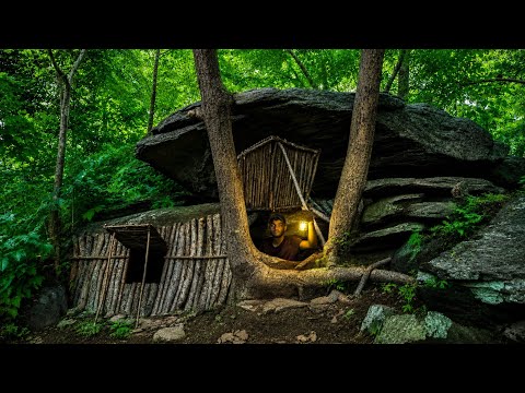 Hidden cave house making between Two Trees ||Bushcraft, Survival Shelter
