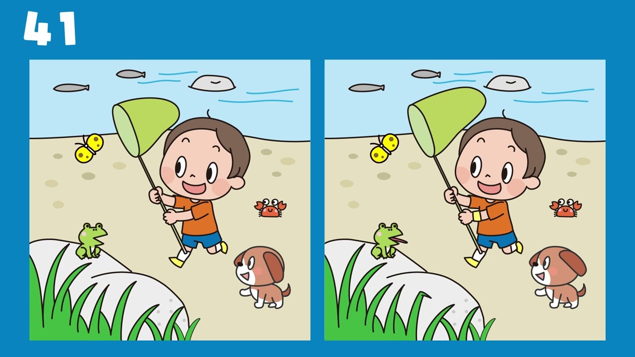 まちがいさがし】ふたつの絵にはまちがいが5つあるよ。みつけてみてね