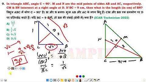 In triangle ABC, angle C = 90°. M and N are the mid points of sides AB and AC, respectively. CM & BN