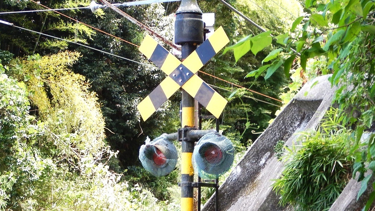 踏切】三岐鉄道 警報灯が網に覆われた電鍾式踏切 (Railroad crossing 踏切】三岐鉄道 警報灯が網に覆われた電鍾式踏切 (Railroad crossing
