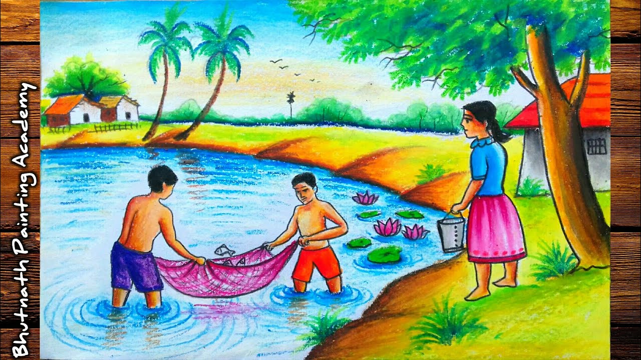 Scenery drawing of fishing with towel ||nature Painting