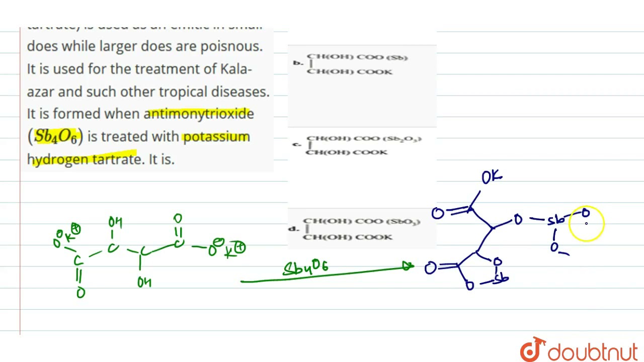 Tartar emetic (potassium antimony tartrate) is used as an emitic in small does while larger does...