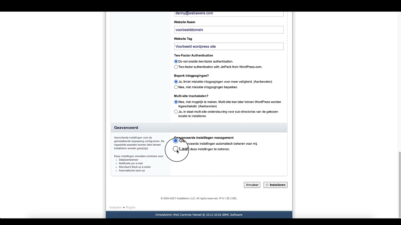 Wordpress installeren via Installatron in DirectAdmin